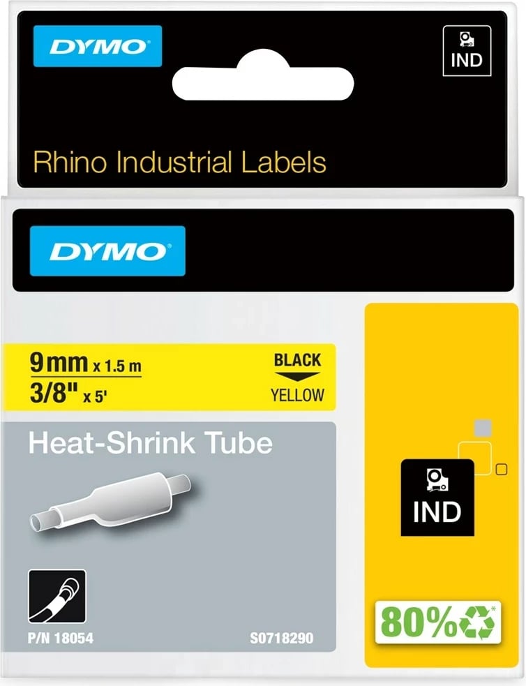 Tub termokurthyes DYMO IND, 9mm x 1.5m, Ngjyrë zezë mbi të verdhë