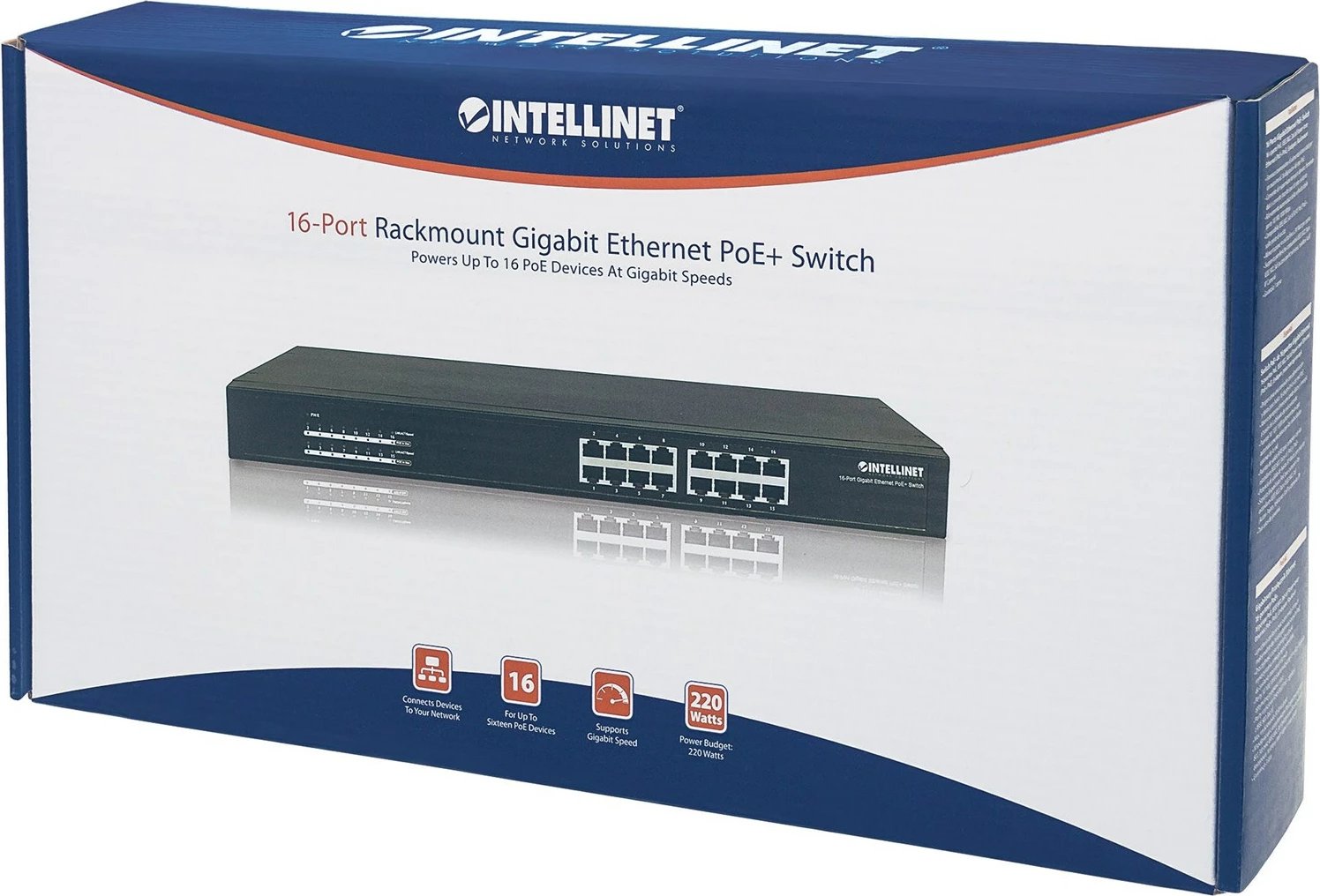 Switch Ethernet Gigabit PoE+ Intellinet me 16 Porta, IEEE 802.3at/af, Endspan, për Montim në Rrast