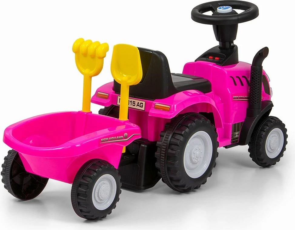 Traktor lodër ride-on me rimorkio, Milly Mally New Holland T7, me drita/tinguj dhe borie, 12-36 muaj, rozë