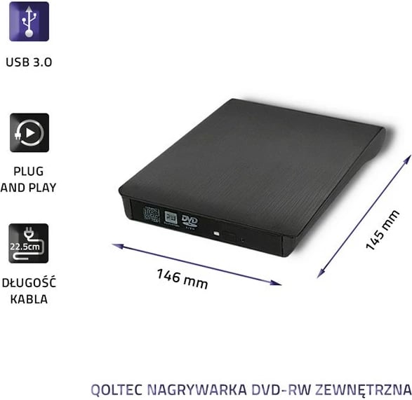 Regjistrues i jashtëm DVD-RW Qoltec 51857, USB 3.0, i zi