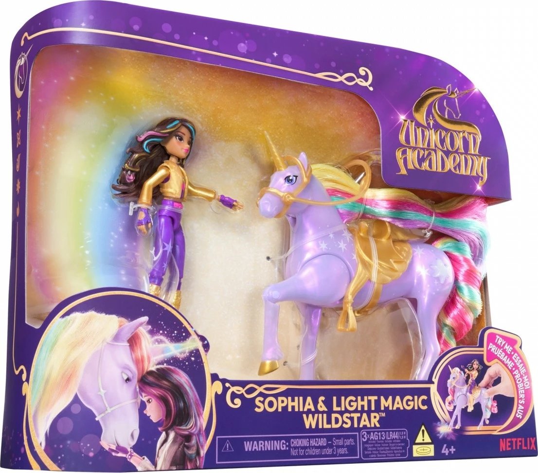 Set figurina Unicorn Academy Spin Master Sophia dhe Star me drita, 12 cm + 7.5 cm, shumëngjyrëshe