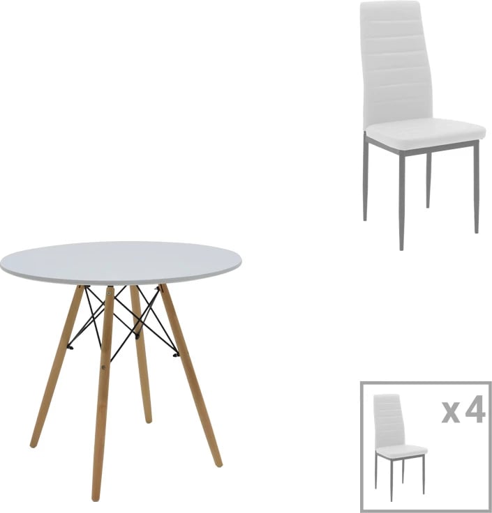 Tavolinë me karrige Julita-Parker, set 5 copë, MDF e bardhë, këmbë natyrale, D80x73cm