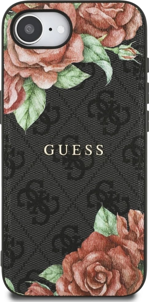 Mbështjellës Guess 4G Flowers Print MagSafe për iPhone 16e, i zi