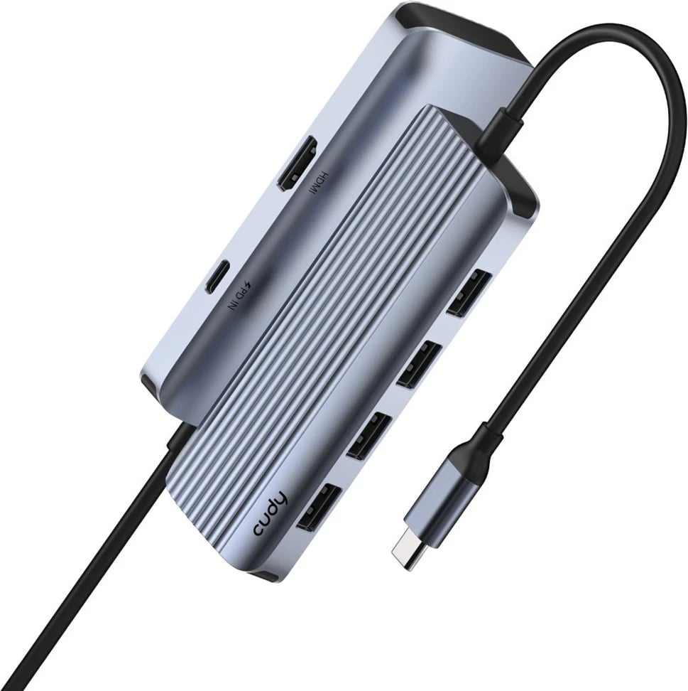 Kasë USB Cudy UH500, 4 porta USB 3.2 Gen 1, HDMI, 5000 Mbit/s, Gri/Argjend
