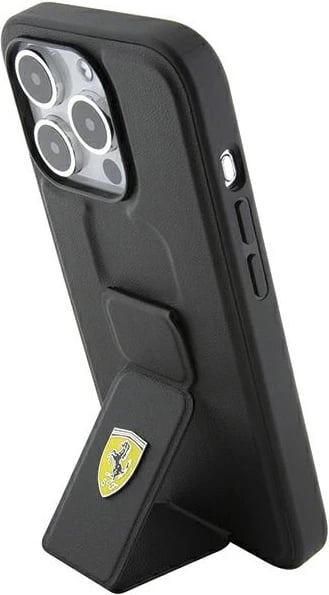 Mbështjellës Ferrari Grip Stand Metal Logo për iPhone 15 Pro, i zi