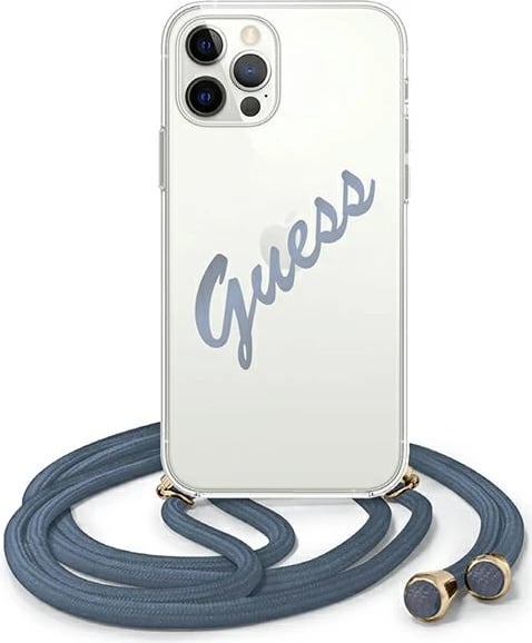 Mbështjellës Guess GUHCP12MCRTVSBL për iPhone 12/12 Pro, hardcase, Script Vintage, Blu