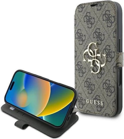 Mbështjellës Guess 4G Metal Logo për iPhone 16, kafe
