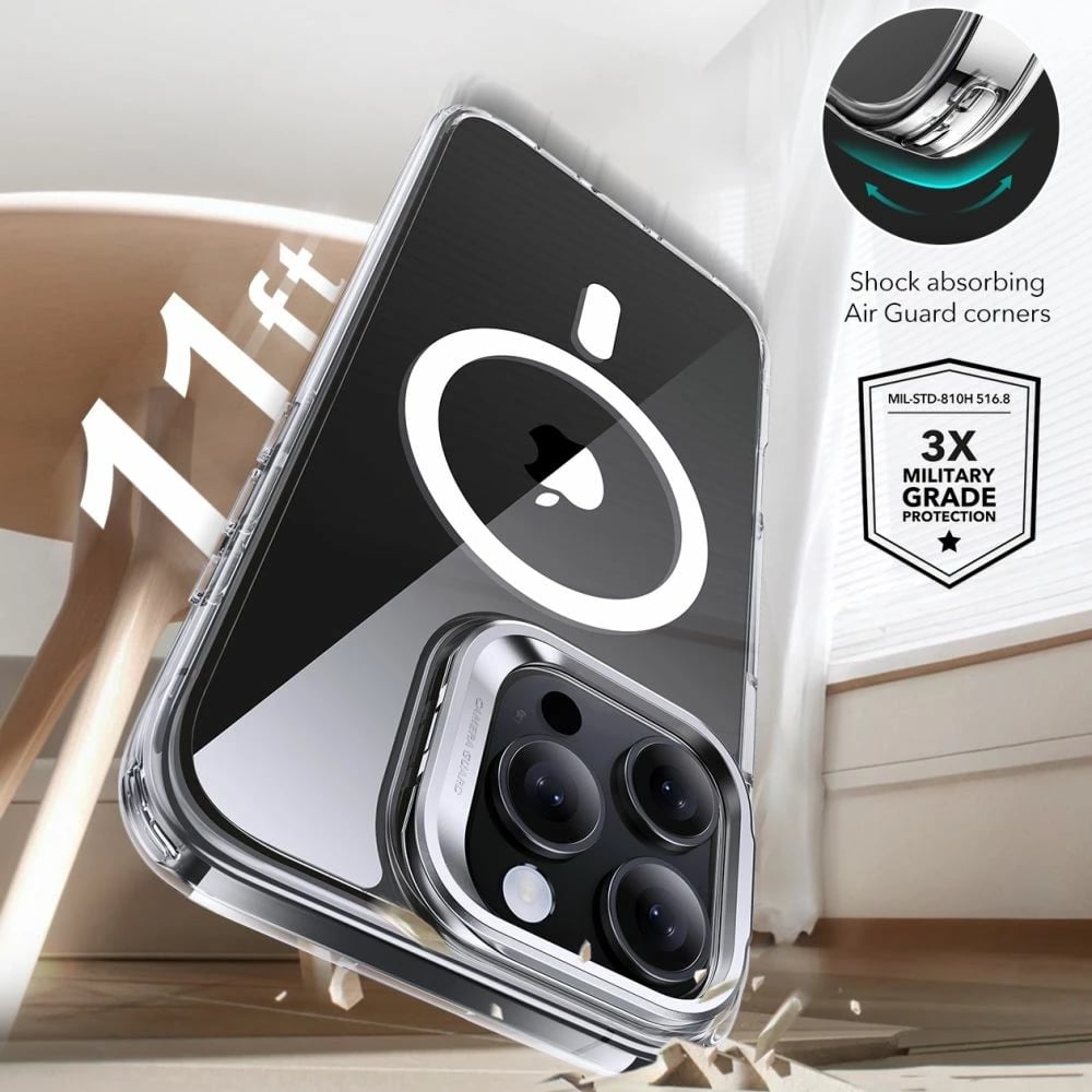 Mbështjellës ESR Classic Hybrid Kickstand HaloLock MagSafe me xham të temperuar për iPhone 16 Pro, Transparent, Set