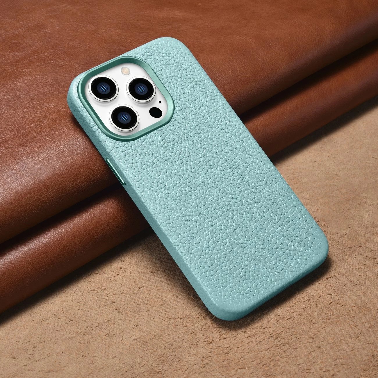 Mbështjellës iCarer Litchi Premium për iPhone 14 Pro, lëkurë natyrale, MagSafe, Jeshil