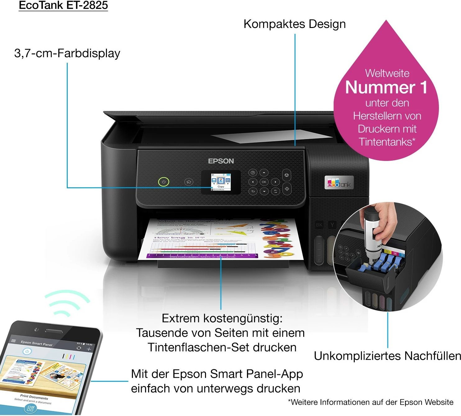 Printer Epson EcoTank ET-2825, Inkjet, 5760 x 1440 DPI, A4, Ngjyrë e zezë