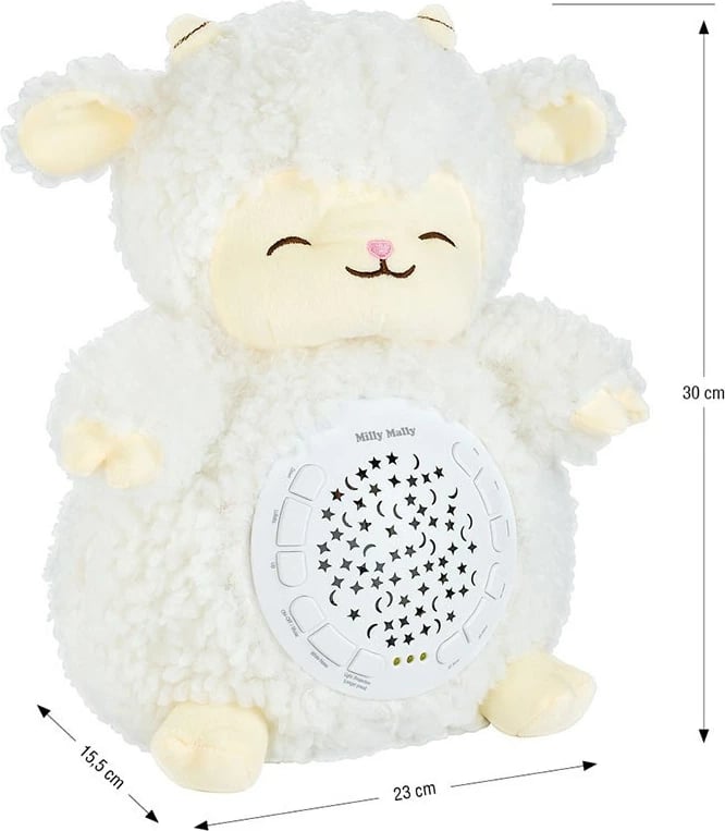 Lodër pellushi me projektor, Milly Mally, dele, 10 ninulla, 5 zhurma të bardha, 7 drita, timer 30/60/90 min, 5 nivele volumi, e bardhë