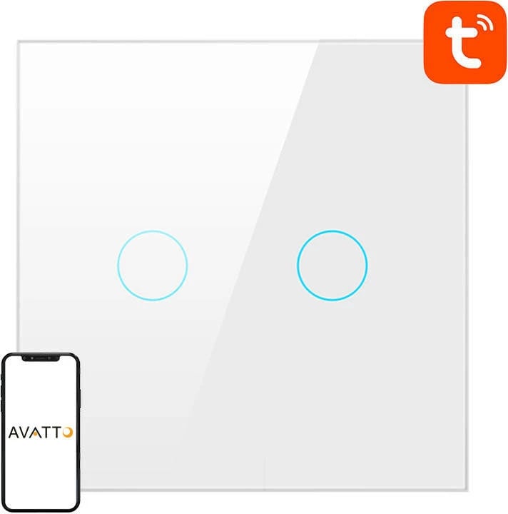 Switch smart Avatto TS02-EU-W2 me WiFi, 2 butona, i bardhë