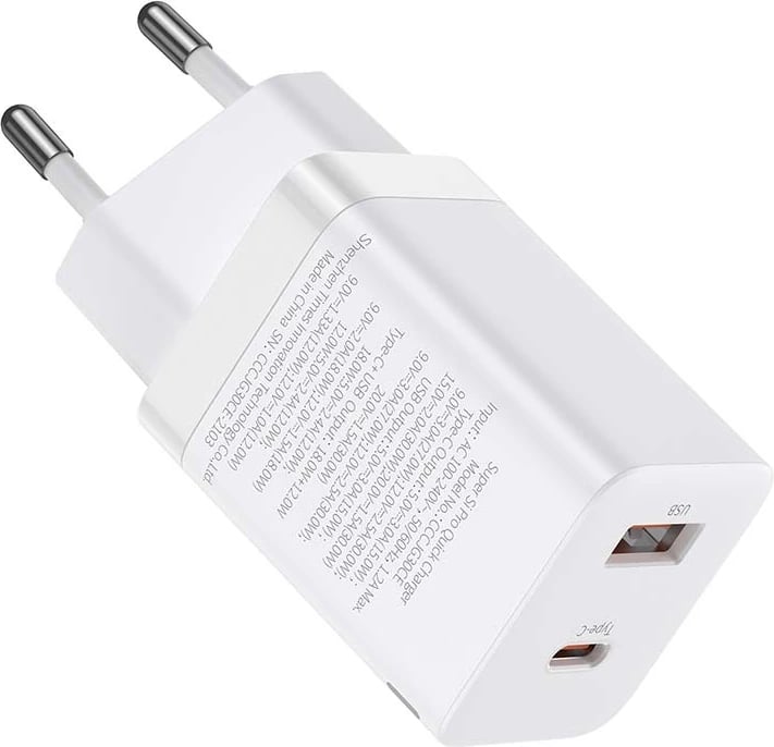 Karikues rrjeti Baseus CCSUPP-E02, Super Si Pro, 30W, USB + USB-C, i bardhë