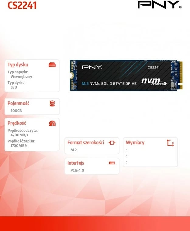 SSD M.2 NVMe Gen4 x4, PNY CS2241 500GB (2280), deri 4700/1700 MB/s, i brendshëm