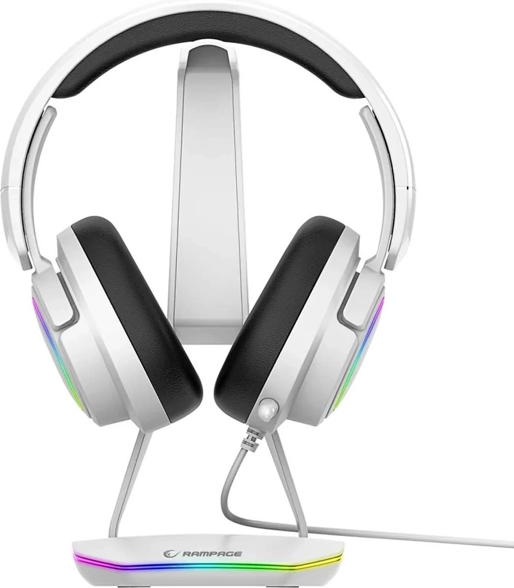 Stojak kufje Rampage T14, RGB, 2x USB, bardhë