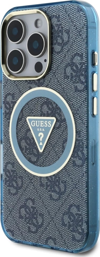 Mbështjellës Guess IML Metal Glitter 4G Circle Triangle MagSafe për iPhone 16 Pro, Blu
