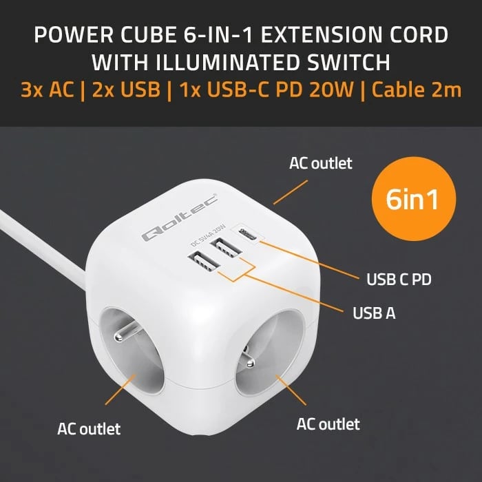 Kasë Qoltec 52547, 3x AC, 2x USB, 1x USB-C PD 20W, 2m, Bardhë