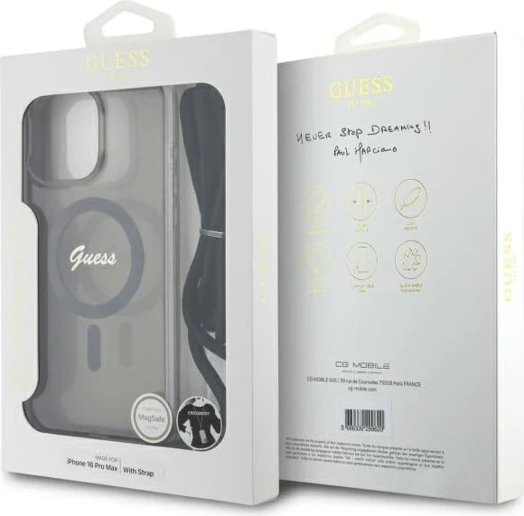 Mbështjellës Guess Crossbody Cord Script MagSafe për iPhone 16 Pro Max, i zi