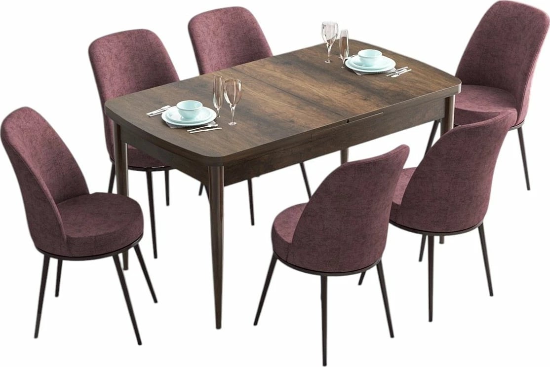 Tavolinë me karrige për ngrënie, e zgjatshme, 7 copë, ngjyrë Barok, Dusty Rose, Skye Decor