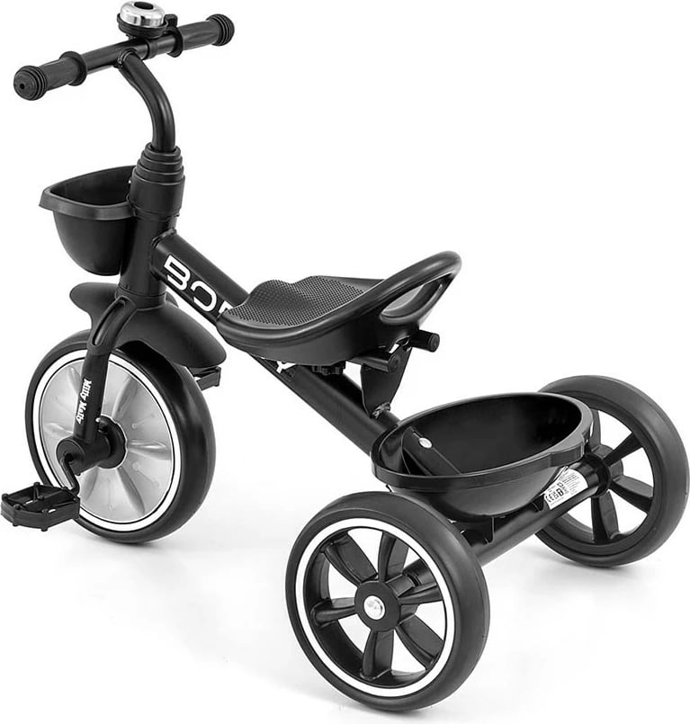 tricikletë fëmijësh, Milly Mally Bobby, kornizë çeliku, rrota EVA, pedale të heqshme, dy shporta, e zezë