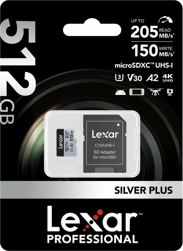 Kartë memorjeje microSD Lexar LMSSIPL512G-BNANG 512GB C10 A2 U3 V30 205/150MB/s Silver Plus, argjendtë, me adapter SD