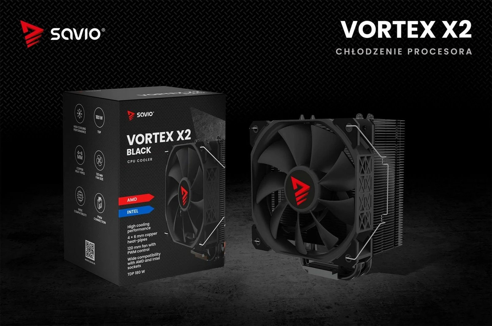 Ftohës procesori Savio Vortex X2 Black, 120 mm, 4-pin, për Intel/AMD, i zi