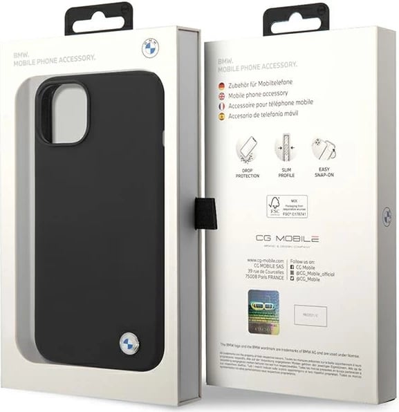 Mbështjellës BMW Silicone Metal Logo për iPhone 15/14/13, i zi