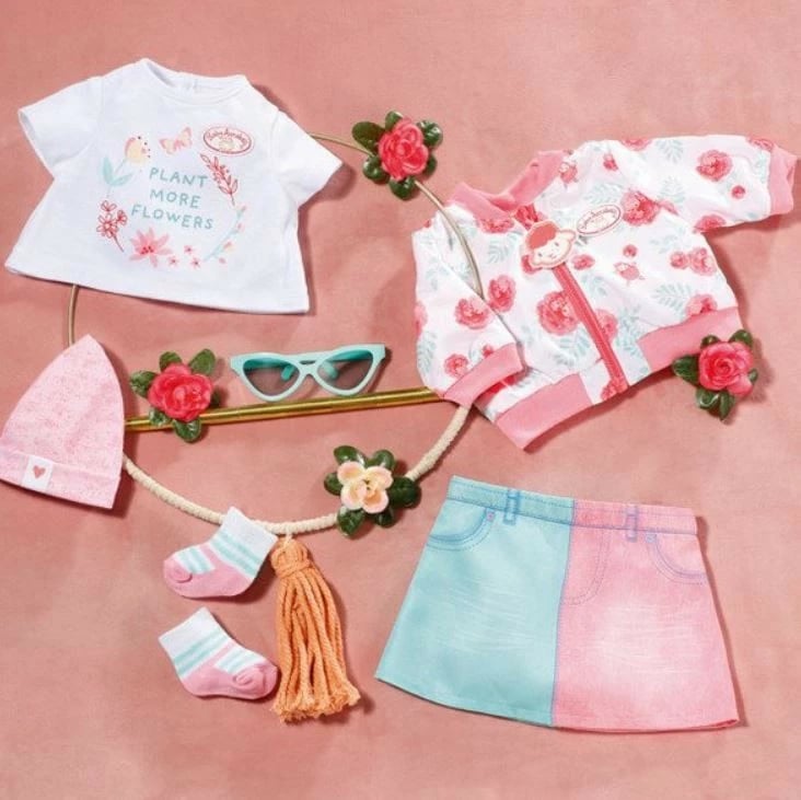 Set rrobash pranverore për kukull Baby Annabell Zapf 43 cm, rozë/blu, me aksesorë
