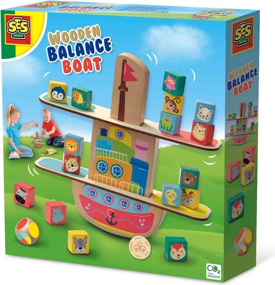 Lojë balancimi prej druri Ses Wooden Balance Boat, për fëmijë, shumëngjyrëshe