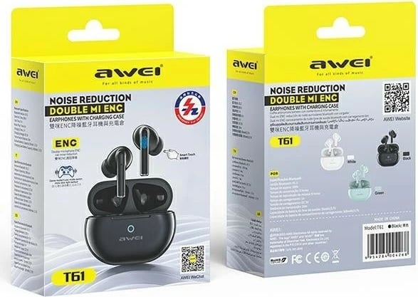 Kufje TWS AWEI T61, Bluetooth 5.3, mikrofon, IPX6, të zeza