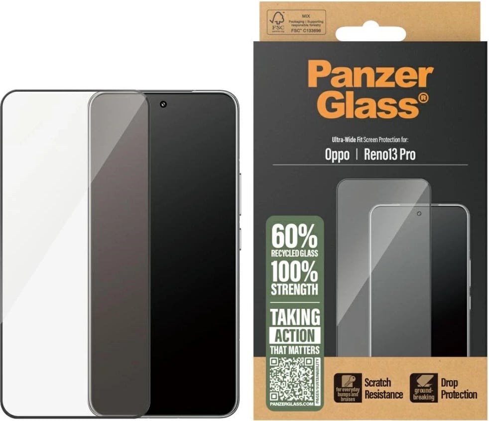 Xham mbrojtës PanzerGlass Ultra-Wide Fit për Oppo Reno13 Pro, me kornizë të zezë