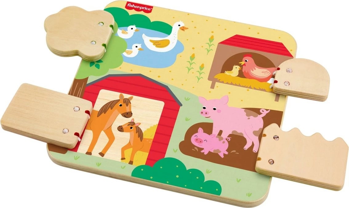 Lodër druri Fisher Price Wooden Farm Board "Peekaboo", shumëngjyrëshe, për fëmijë 12+ muajsh
