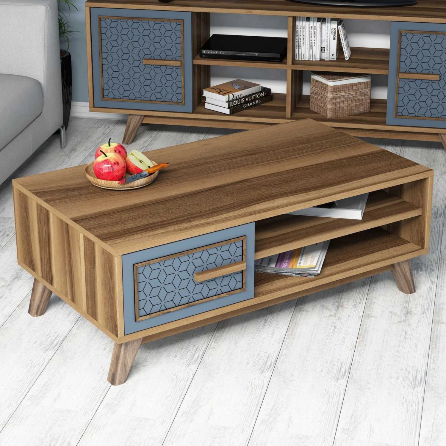 Tavolinë kafeje melamine, ngjyrë arre, me derë kabineti blu, FH9497.02, 105x60x38,2H cm