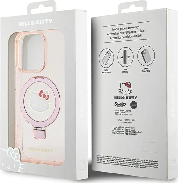 Mbështjellës Hello Kitty për iPhone 15 Pro, Ring Stand, MagSafe, Rozë