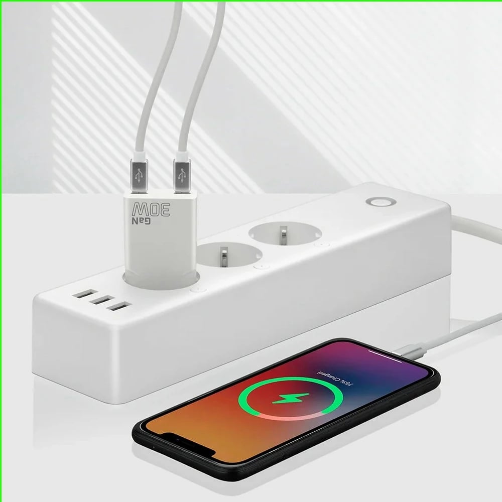 Adapter karikues muri, everActive, SC-385Q, GaN PD 30W, 2x USB-C, super slim, bardhë