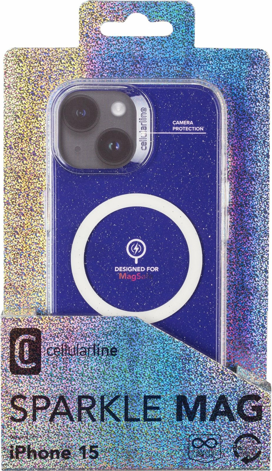 Mbështjellës Cellular Line Sparkle Mag për iPhone 15, MagSafe, transparent
