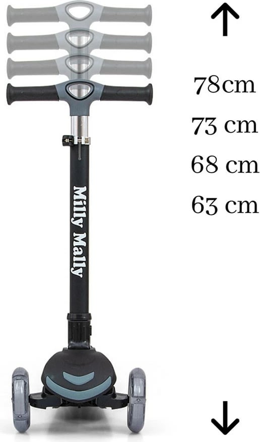 Trotinetë, Milly Mally Boogie, 3 rrota me drita, doreza të buta, timon i rregullueshëm 3 nivele, deri 50 kg, e zezë