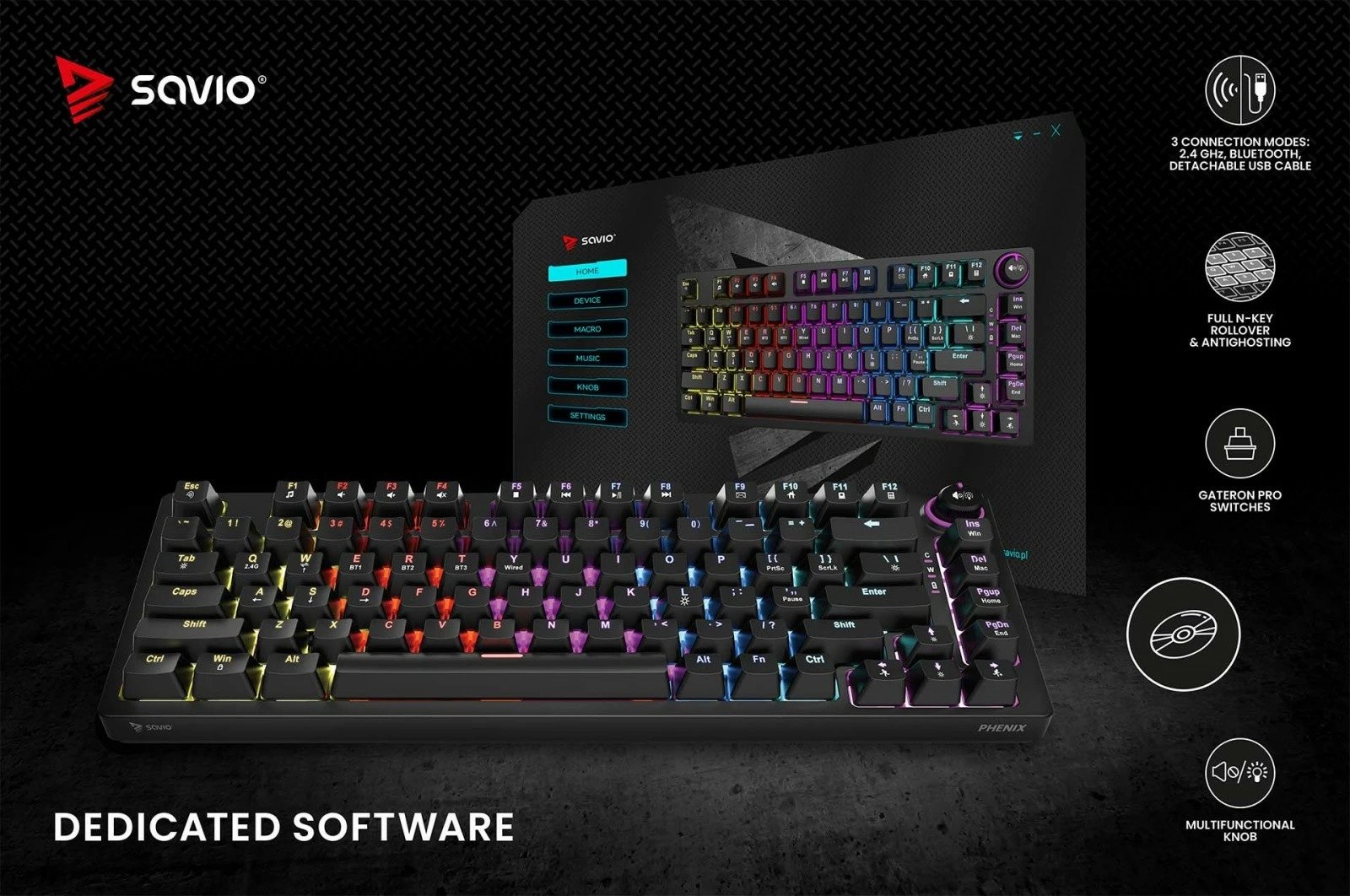 Tastierë mekanike wireless Savio Phenix, Gateron Red Pro, 82 taste, RGB, e zezë