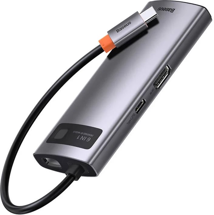 Kasë Baseus Metal Gleam Series CAHUB-CW0G, 6-në-1, USB-C në 3x USB 3.0 + HDMI + USB-C PD + Ethernet RJ45, Gri