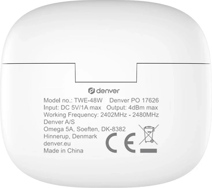 Kufje Denver TWE-48W True Wireless Stereo, Bluetooth, të bardha