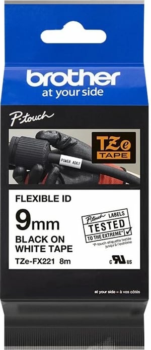 Kasetë etiketuese Brother TZe-FX221, 9mm, e zezë mbi të bardhë, fleksibile, 8m