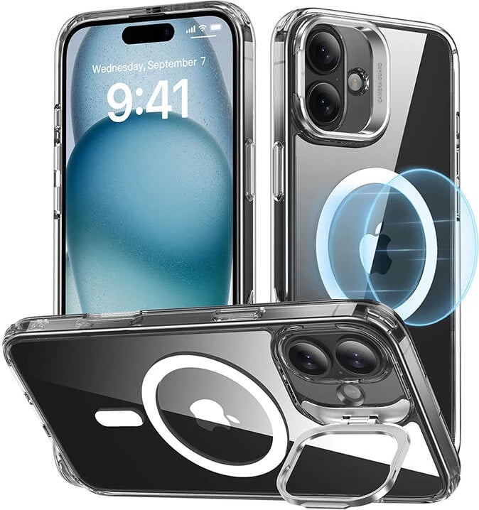Mbështjellës ESR Classic Hybrid HaloLock me stand për iPhone 16 Plus, transparent