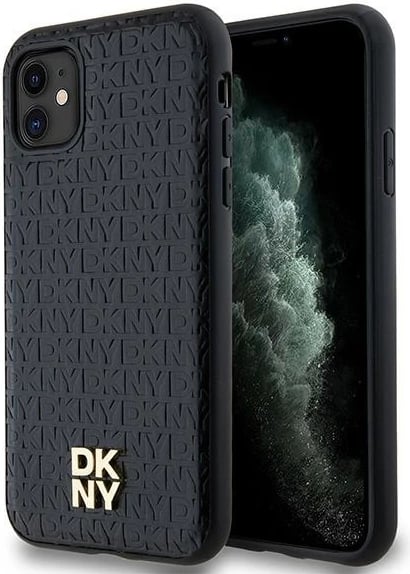 Mbështjellës DKNY Leather Monogram Pattern Metal Logo MagSafe për iPhone 11/XR, i zi