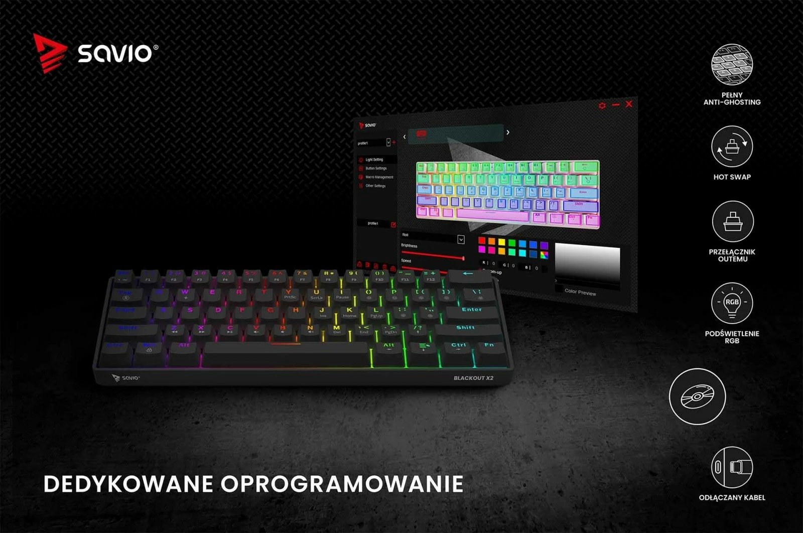 Tastierë mekanike Savio Blackout X2 OUTEMU Brown, 60%, ARGB, Hot Swap, e zezë