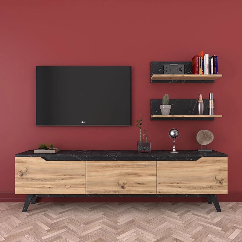 Njësi TV Kasia, ngjyrë lisi dhe mermeri të zi, 180x35x48,5cm