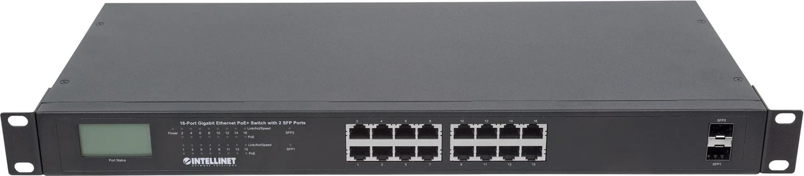 Switch Ethernet Gigabit PoE+ Intellinet me 16 Porta dhe 2 Porta SFP, i Zi