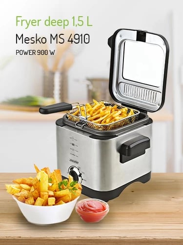 Fritezë e thellë, Adler Mesko MS 4910, 1.5 L 900 W, termostat i rregullueshëm, çelik inox, argjendtë/zi