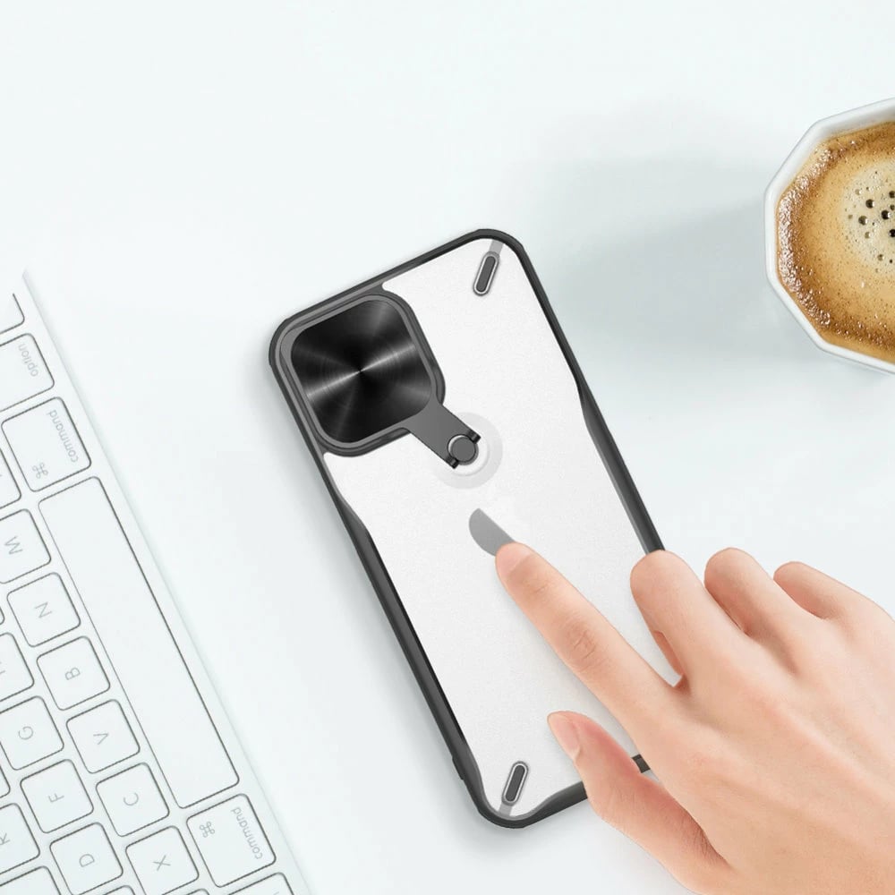Mbështjellës Nillkin Cyclops Case për iPhone 13 Pro Max, me kapak kamere dhe mbajtëse, i zi