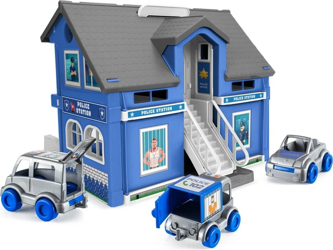 Set shtëpi loje Wader Play House Police Station, 4 vetura, 8 mobilje, Blu/Gri/Bardhë