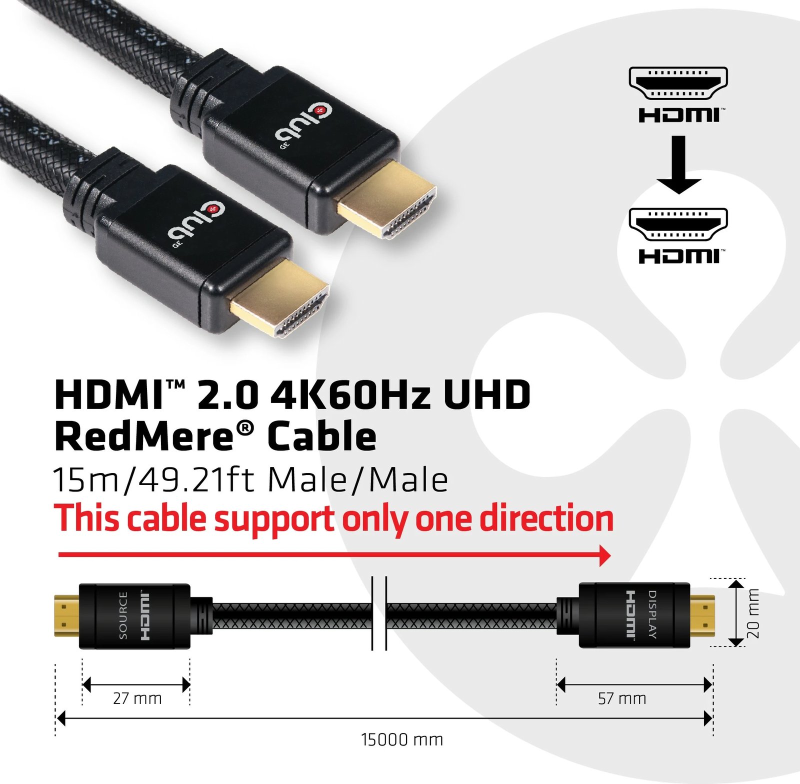 Kabllo HDMI Club3D 2.0 RedMere 15m, 4K60Hz, i zi